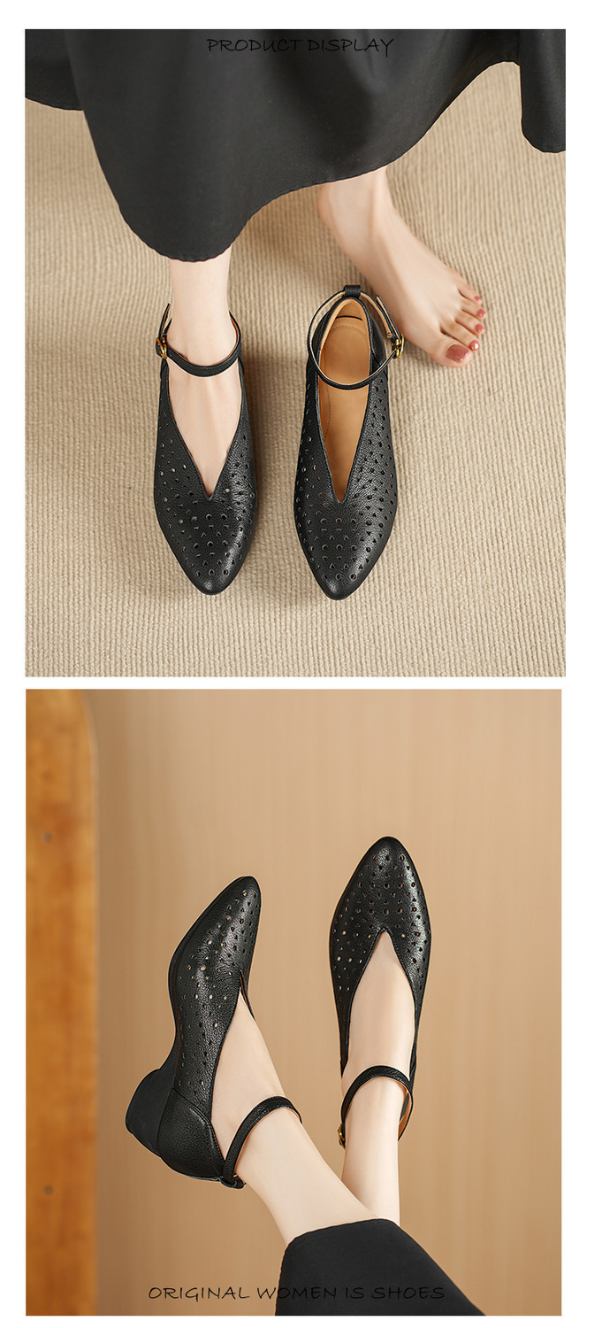 Sandal nữ mũi nhọn quai ngang gót trung bình phong cách retro thoáng khí — đen, mơ chi tiết 4