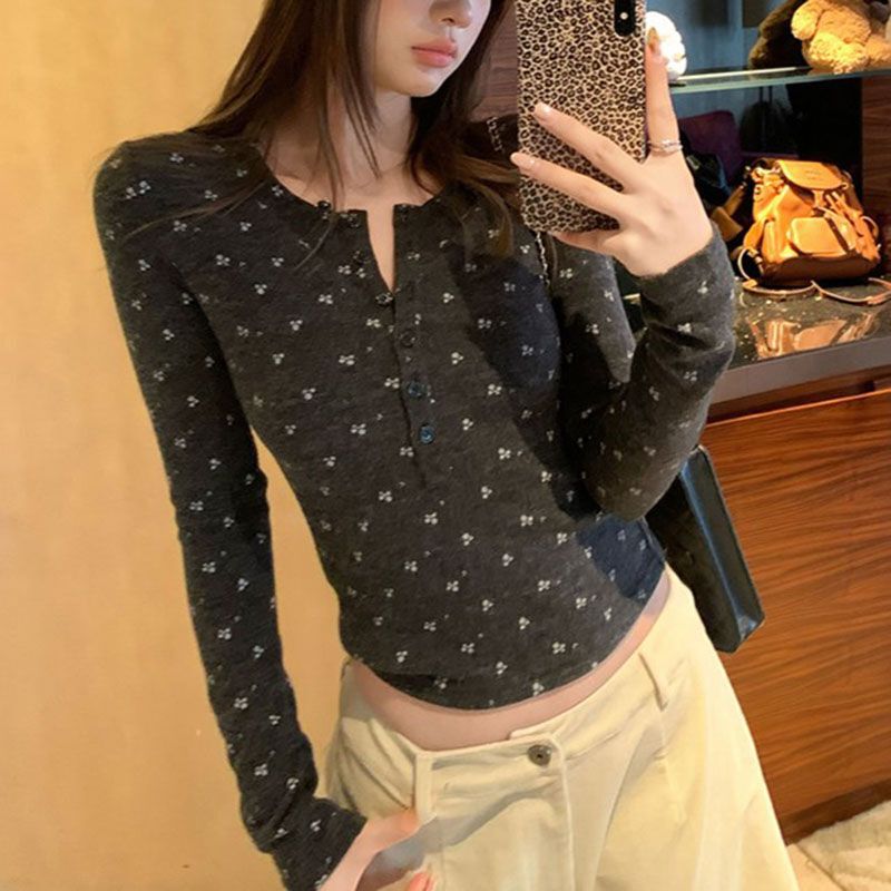 De Jong 270g Brushed Slim Fit Long-Sleeved Henry Collar Bottoming Shirt Women's Floral Top