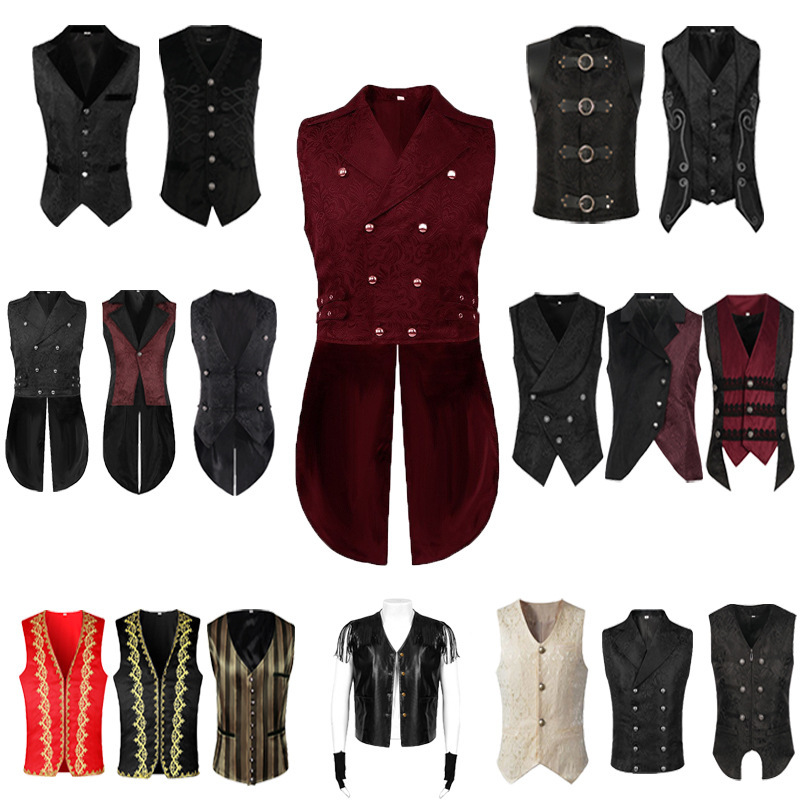 Halloween Men's Pleated Suit Vest Medieval Costume Steampunk Victorian Top Take-On Stage Dress Halloween Men's Pleated Suit Vest Medieval Costume Steampunk Victorian Top Take-On Stage Dress