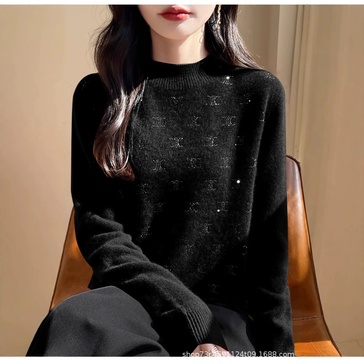 2025 осень-зима новый шерстяной двойной C с горячим бриллиантом полувысокий воротник вязаный свитер нижний свитер свободный топ