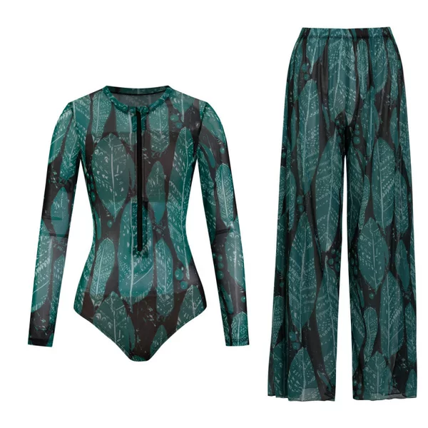 Upf35+ Long-Sleeve Sun-Protective Swimsuit for Women, High-Elastic Thick Mesh Loose Long Pants, European and American Cross-Border Swimwear, Fitness One-Piece