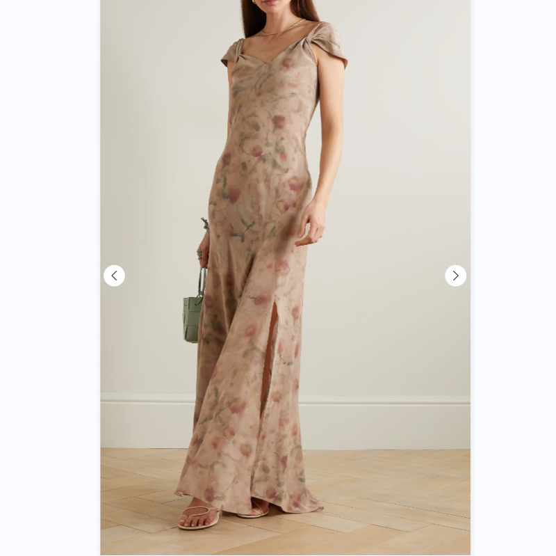 Cloud Mist rose ~ Spanish spring and summer new silk watercolor V-neck tight waist backless shoulder strap dress women's dress