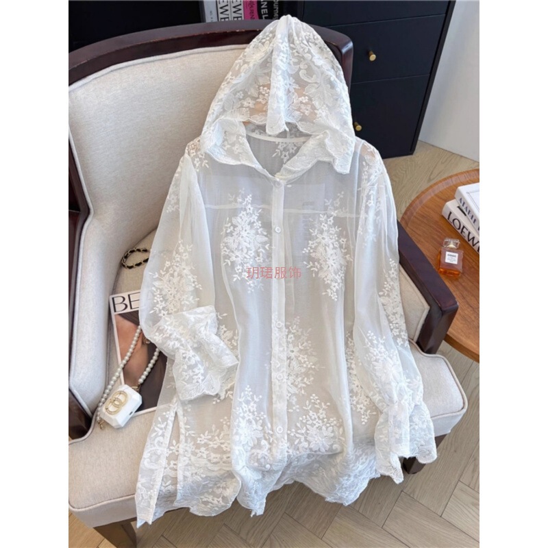 White Lace Embroidered Hooded Sun Protection Shirt for Women, Summer Wear, Plus Size, Medium-Length, Slightly Sheer Top, Outer Cover-Up
