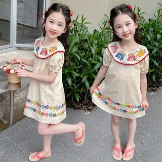 小女孩夏季刺绣连衣裙宝宝短袖棉布裙2025新款儿童装薄款翻领外贸