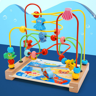 Children's Educational beaded wooden marine animal vehicle walking maze toddler walking ball toy