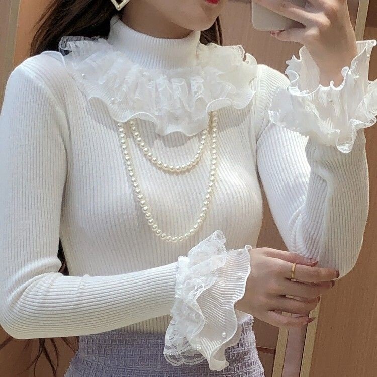 Autumn and Winter Fashionable Sweet High-Neck Stylish Base Lace Splicing Spring and Autumn Thin Lace Splicing Knit Top