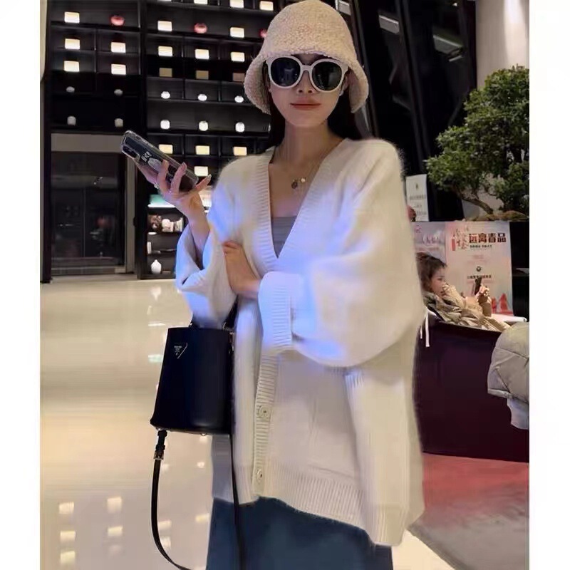 100羊毛开衫女中长款秋冬老钱风v领宽松针织衫加厚羊绒毛衣外套|undefined