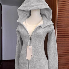 双层帽 修身运动外套女秋冬跨境欧美风新款收腰显瘦连帽拉链卫衣