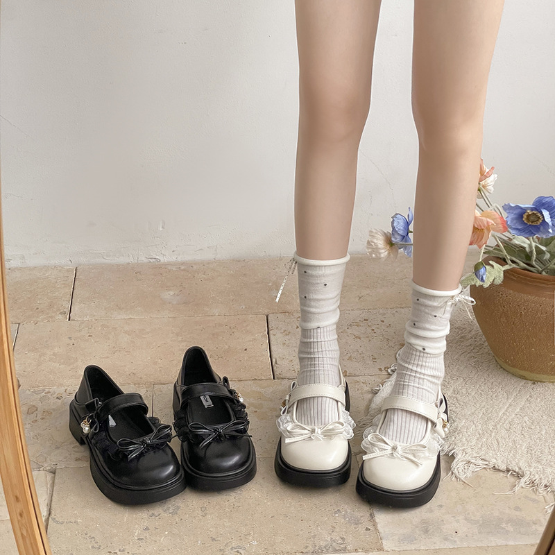 Chica moda versátil Mary Zhen zapatos primavera-verano 2026 arco de encaje infantil Lefour zapatos de cuero suaves