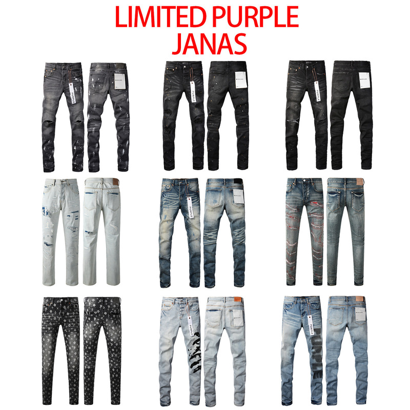 European and American Trendy Brand Limited Purple Jeans Fashion Ripped Distressed Limited Purple Brand Straight-Leg Skinny Pants