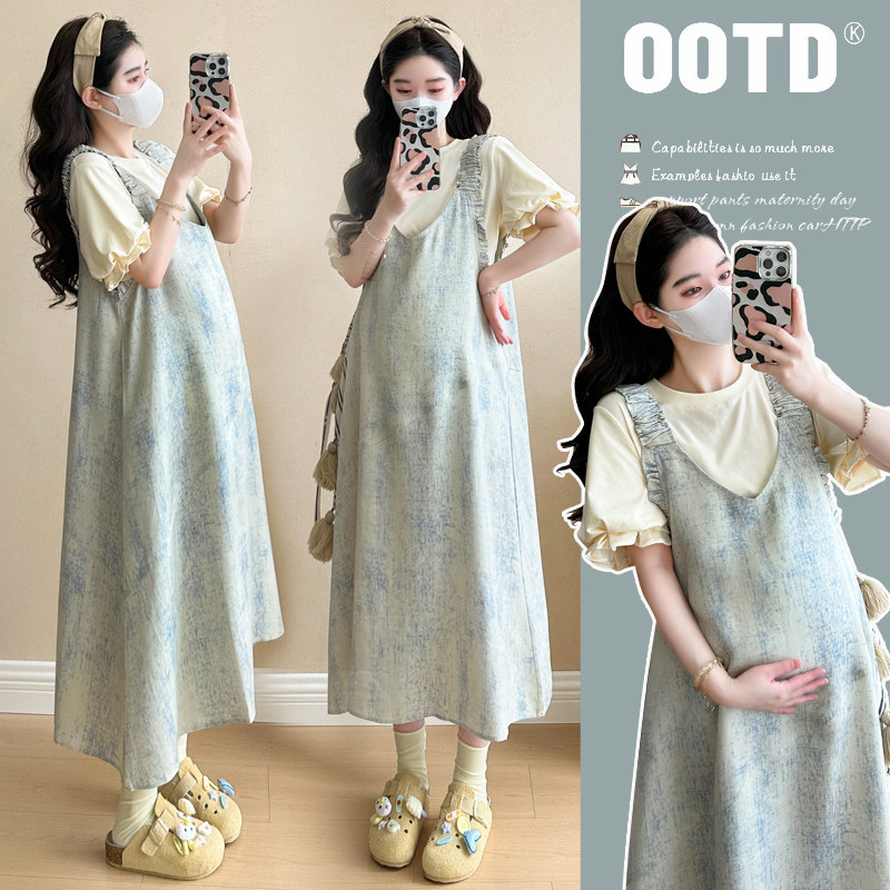 Pregnant Women's Stylish Blue Tie-Dye Suspender Dress Set, Mid-Length, New Summer Style, Unique Outfit, Complete Set for Summer