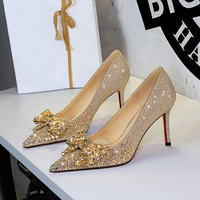 2680-H163 European and American style super beautiful sequin wedding shoes, rhinestone bow engagement women's shoes, bridesmaid slim heels, high heels