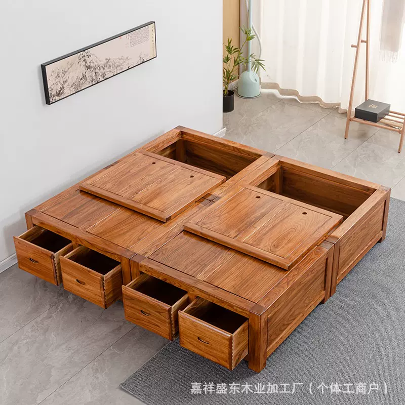 老榆木榻榻米榫卯结构无床头双人抽屉离地高箱储物箱体全实木床