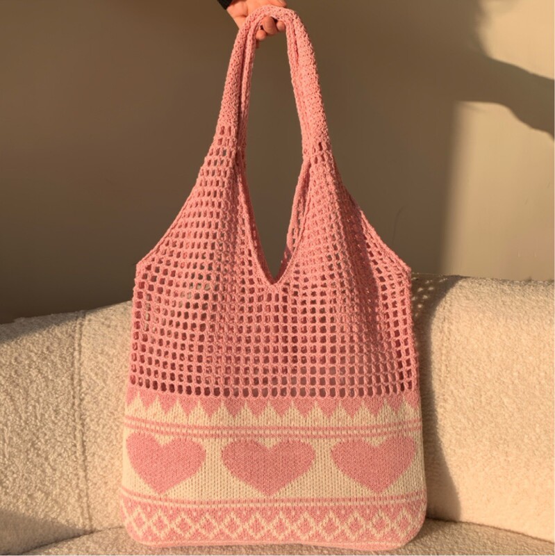 2025 New Large-Capacity Tote Bag, Beach Bag, Knitted Bag, Straw Bag, Heart Pattern, Bohemian Style Bag 2025 New Large-Capacity Tote Bag, Beach Bag, Knitted Bag, Straw Bag, Heart Pattern, Bohemian Style Bag