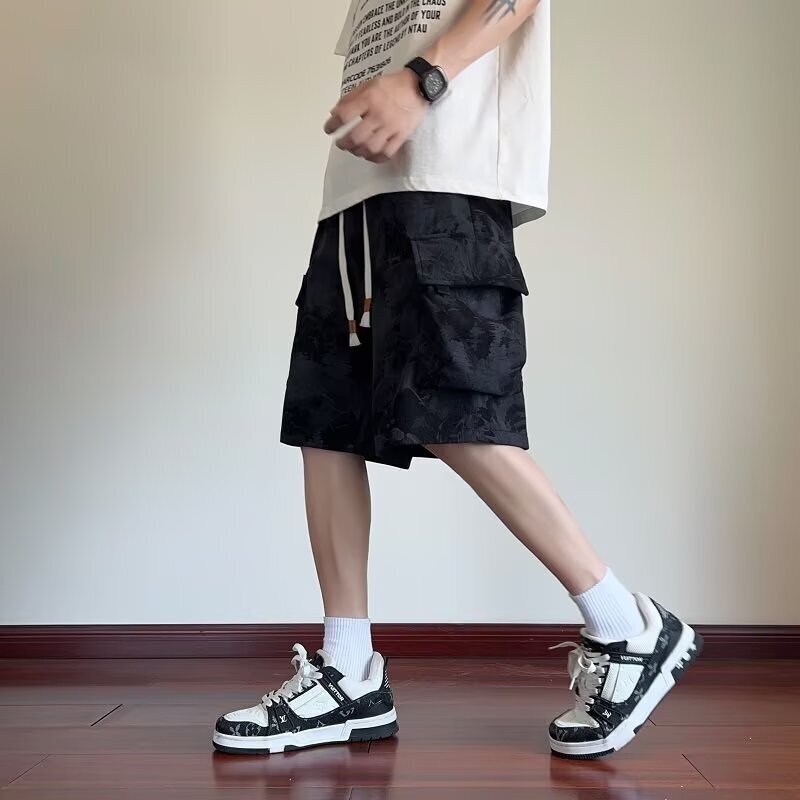2025 High-Waisted Cargo Shorts Men's Youth Pants American Trendy Brand Casual Tie-Dye Large Pocket Knee-Length Shorts
