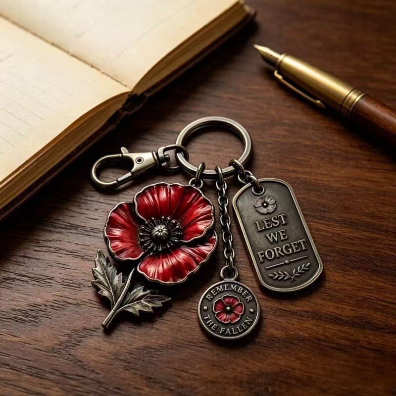 Cross-Border Hot-Selling Retro Poppy Flower Commemorative Keychain Lest We Forget Metal Backpack Keychain Pendant