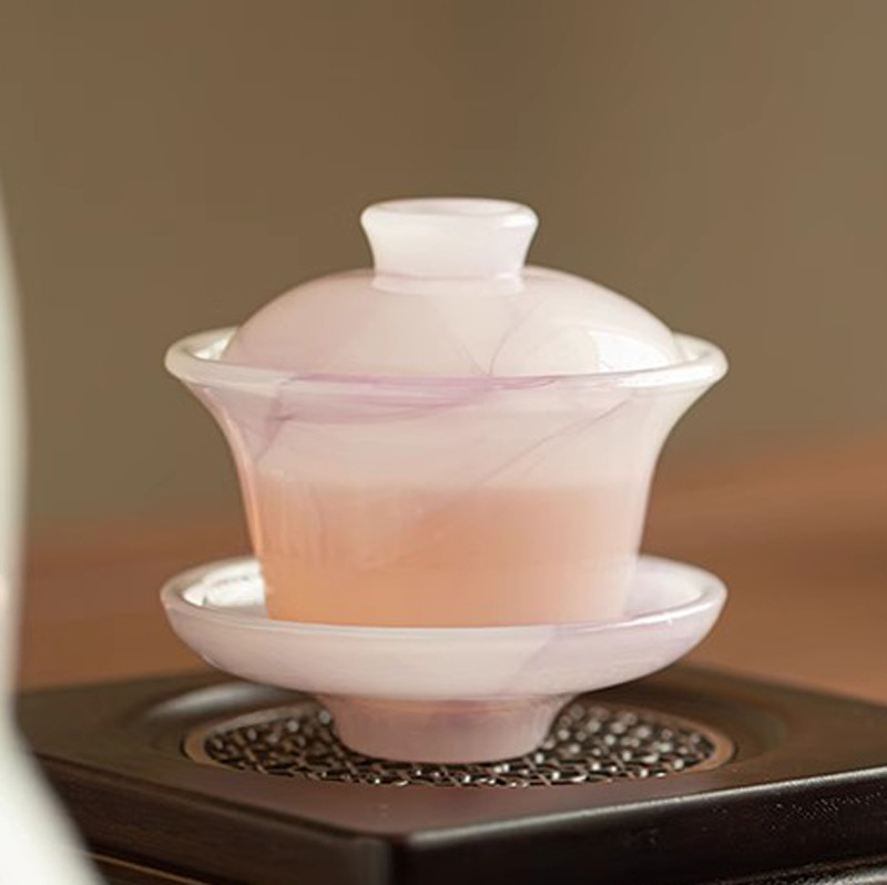 水墨琉璃盖碗茶杯大号功夫茶具冰种飘紫三才泡茶碗盖杯不烫手