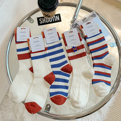 Socks for Girls: Winter and Autumn Mid-Calf Cotton Socks, Personality Leisure Striped Breathable Women's Socks, Embroidered Women's Long Calf Socks Wholesale