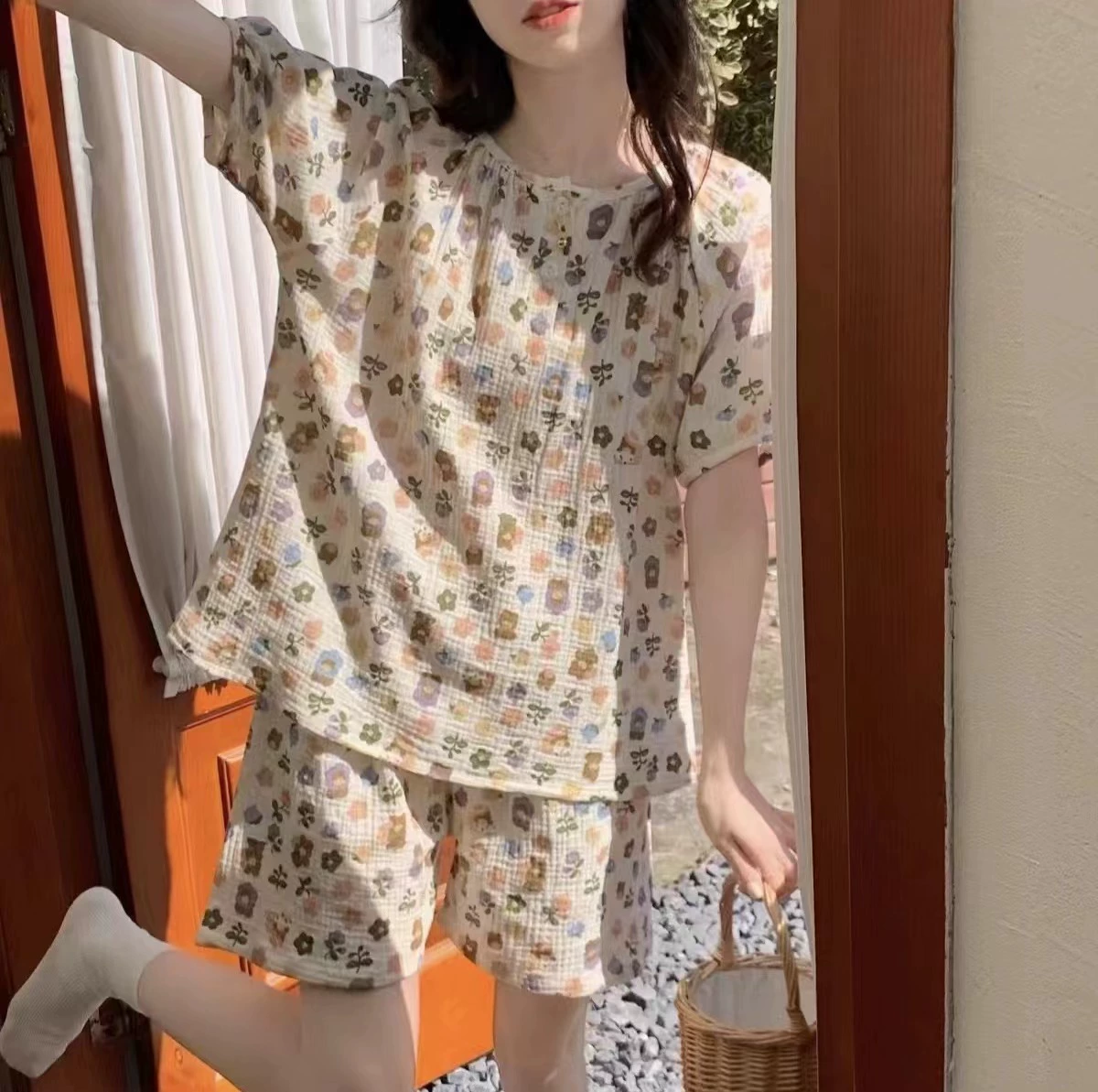 Летний комплект пижамы: тонкий, с эффектом хлопка, с круглым вырезом, свободный крой, короткий рукав, новый летний стиль, для дома и отдыха.