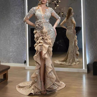 2020 new cross-border foreign trade Women's independent station ebay sexy gold long sleeve banquet dress tail skirt New