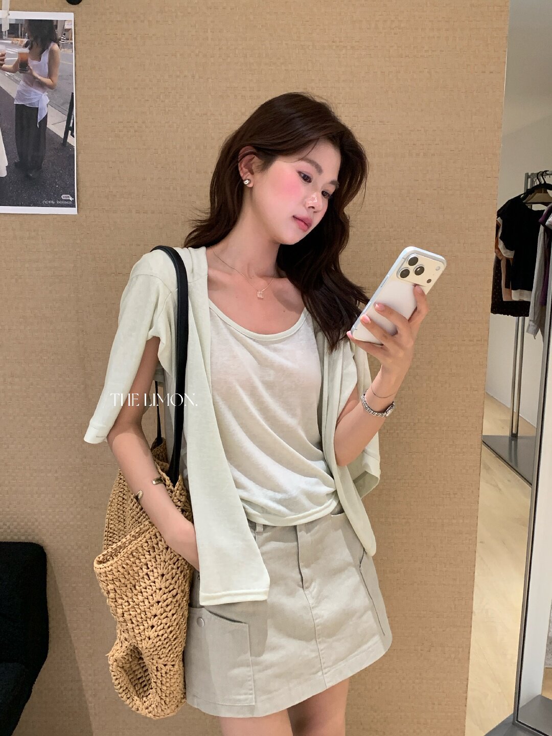Bộ cardigan len mỏng kèm áo hai dây hai mảnh nữ mùa hè — Xám cacbon, xanh lam, màu hồng, Đậu xanh chi tiết 36