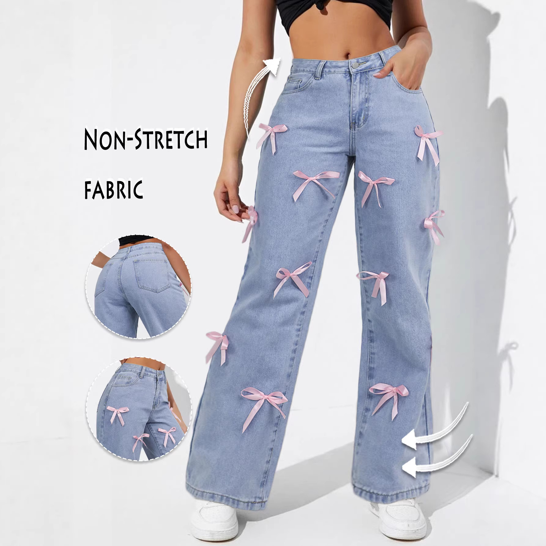 Women's Clothing High Waisted, Bow Tie Patchwork Wide Leg Jeans For Women, Y2K Style, Loose Fit._ecoleips.com