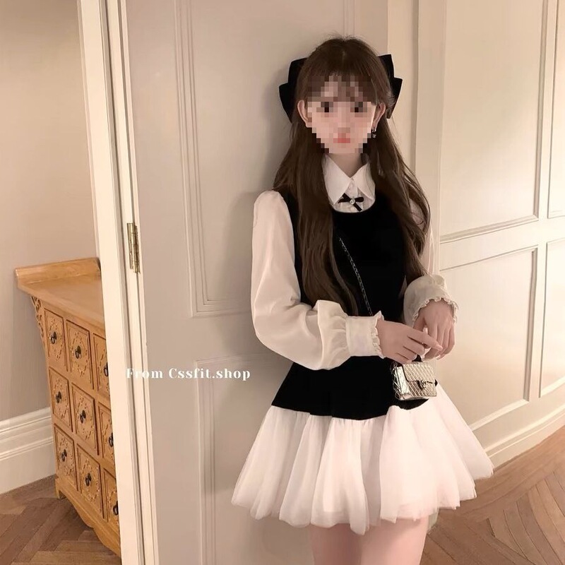 Gauze Korean Style College Vest Dress New Suit Sleeveless Velvet Shirt Two-Piece Set with Bow Stitching