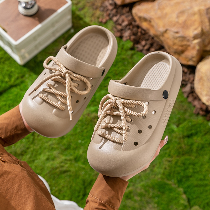 Japanese Crocs-style slippers for students, summer non-slip mule with shoelaces platform, Korean style, closed toe, suitable for outdoor wear