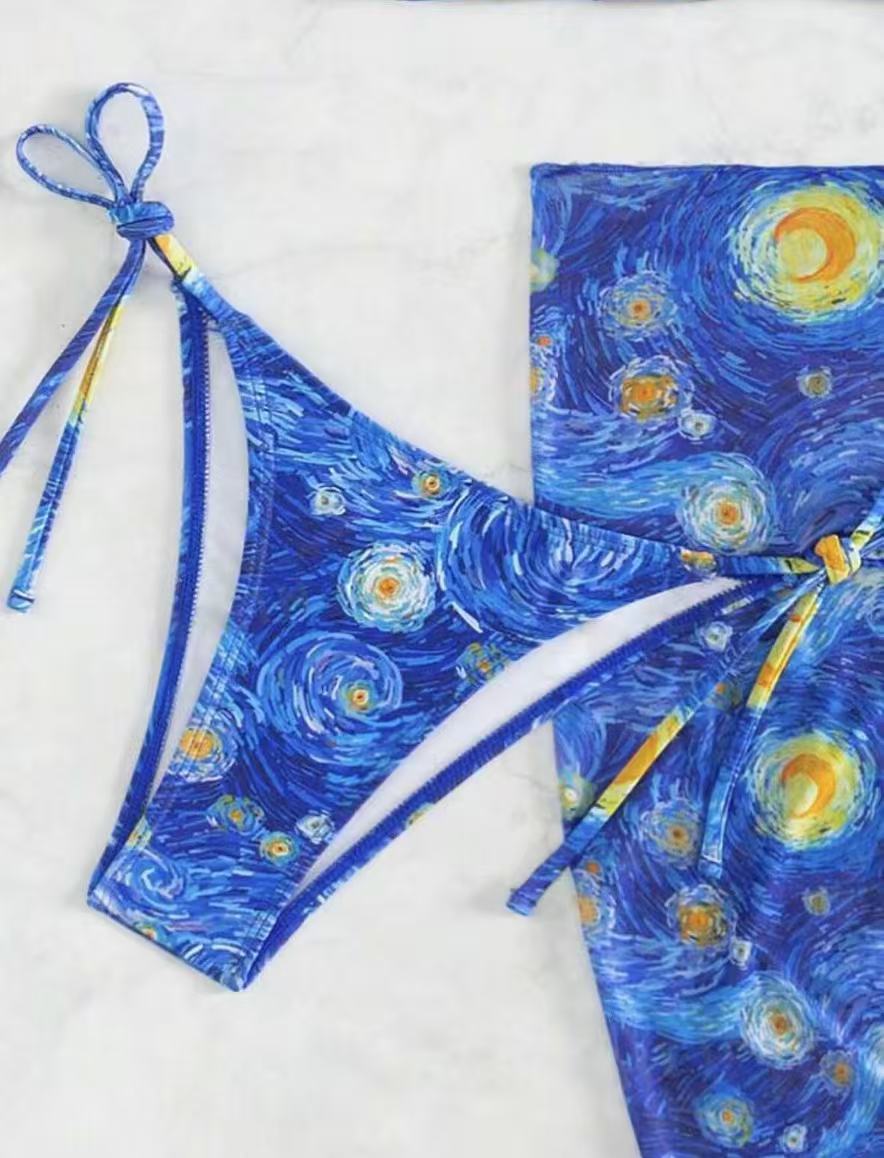 Van Gogh Starry Night Print Bikini Set Adjustable Halter Swimwear_voghion.com