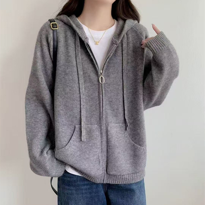 慵懒风大口袋连帽针织衫外套女2025秋冬新款韩系休闲百针织上衣女|undefined