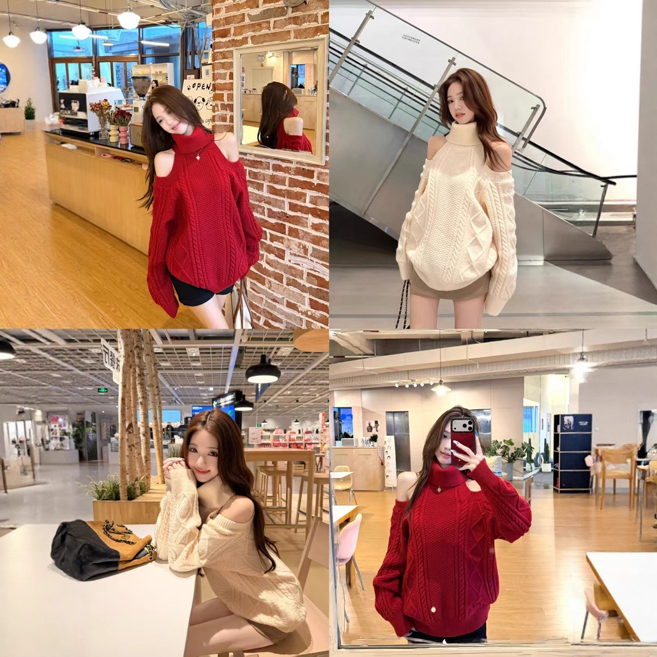 红色高领露肩麻花毛衣女秋冬设计感韩系宽松慵懒感加厚针织衫上衣