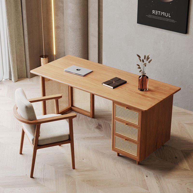 Simple ins Japanese-Style Rattan Woven Solid Wood Desk Bedroom Study Table Home Office Writing Desk Storage Workbench