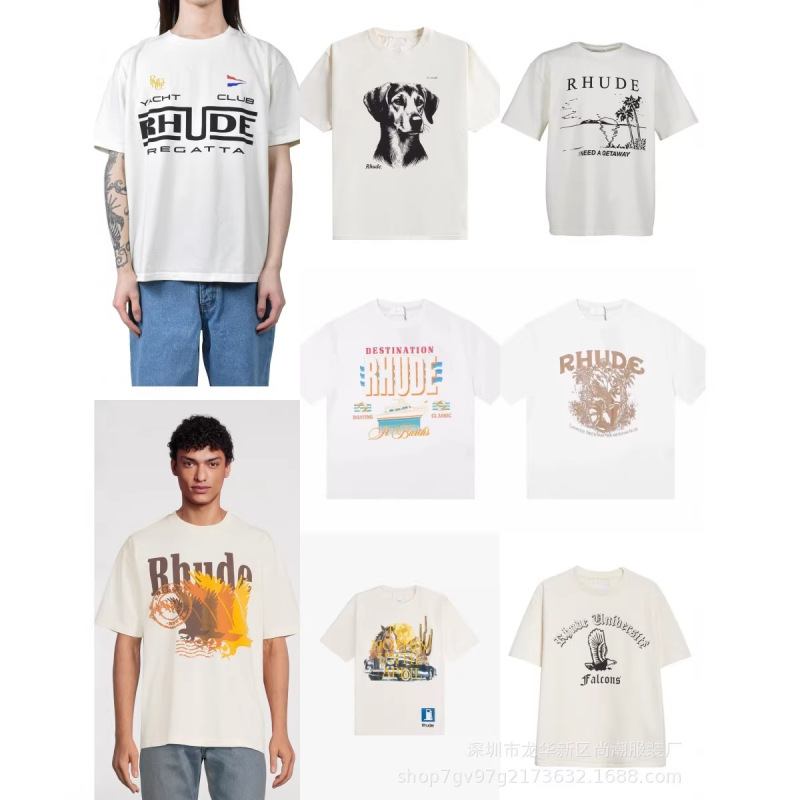 Authentic Cross-Border Supply Trendy Brand American-Style Niche Rhude Letter Print Pure Cotton Short-Sleeve T-Shirt Unisex Trendy Versatile