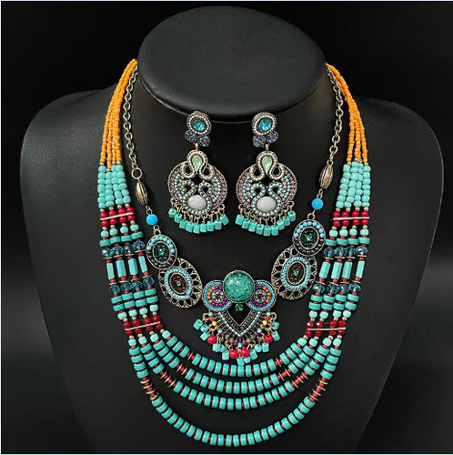 European and American fashion simple bohemian ethnic style retro temperament water drop turquoise women's earrings necklace set