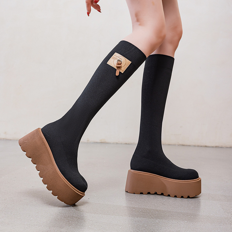 Thick-Soled High-Top Stretch Boots for Women, 2026 Autumn and Winter New Style, Platform Knit Knee-High Sock Boots, Brown Petite Spicy Girl Boots