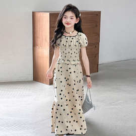 女童短袖套装夏季2025新款中大童时髦洋气潮酷波点泡泡袖半身裙套