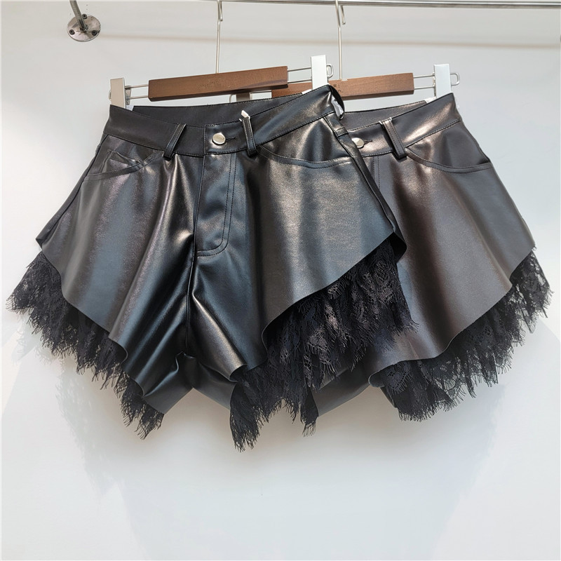 Shorts de Piel PU con Encaje de Pierna Ancha para Mujer