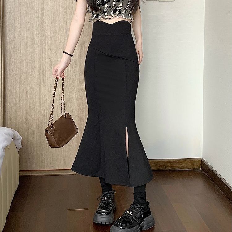 Black High Waist Fishtail Skirt Women's Spring and Summer New Slimming Mid-length All-match Black Split Hip Skirt Black High Waist Fishtail Skirt Women's Spring and Summer New Slimming Mid-length All-match Black Split Hip Skirt