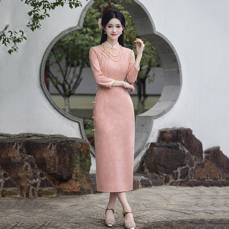 红色国风中式苏州长款秋季长袖旗袍改良年轻款女复古修身收腰春秋|undefined