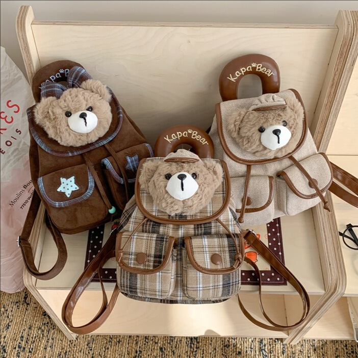 Sweet, Cool, Fashionable and Cute Bag with Cartoon Brown Bear Head, Flip-Top Plaid Backpack, Casual and Portable School Bag for Girls Sweet, Cool, Fashionable and Cute Bag with Cartoon Brown Bear Head, Flip-Top Plaid Backpack, Casual and Portable School Bag for Girls