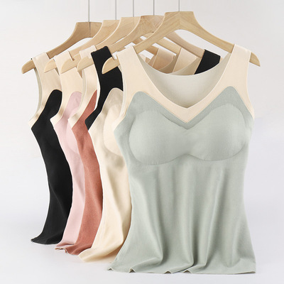 秋冬德絨保暖背心女撞色無痕發熱帶胸墊打底馬甲雙面磨毛V領馬甲