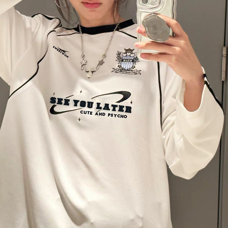 Felpa casual in stile americano con scollo rotondo e stampa di lettere, a blocchi di colore, vestibilità ampia, da donna, semplice da indossare durante il tragitto casa-lavoro_voghion.com