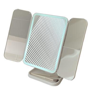 Espejo de vestir ajustable de escritorio de viaje led espejo de maquillaje con caja de almacenamiento de lámpara tipo espejo de concha plegable triple en uno
