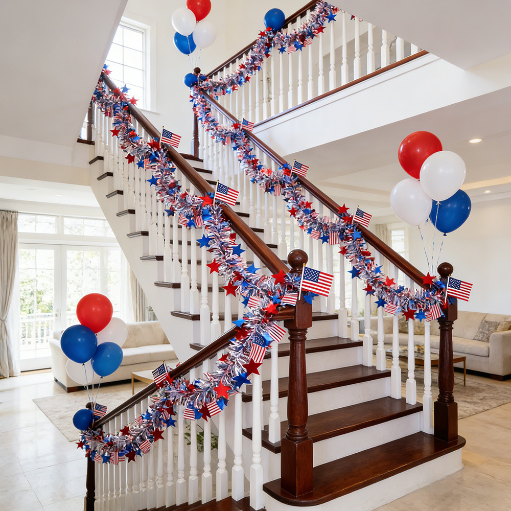 Día de la Independencia de los Estados Unidos tira de flores rojas, blancas, azules, estrellas de lana 250 aniversario de la bandera de decoración, colgante de cinta de hierba