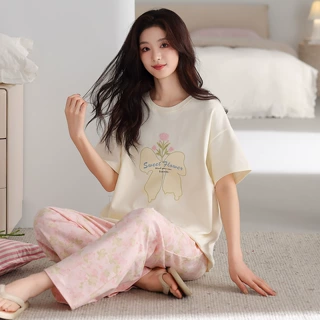 松弛感2026新款睡衣女款夏季薄款纯棉短袖长裤休闲甜美家居服套装