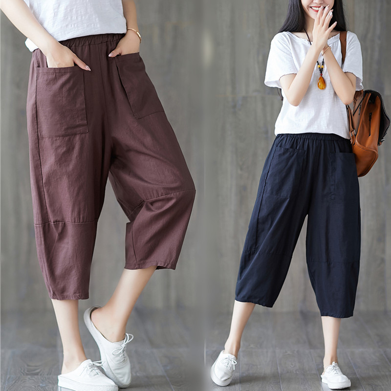 Real Shot of Casual Cotton and Linen Cropped Pants for Women, New Summer Style Lantern Pants, Loose Large Size Solid Color Wide-Leg Harem Pants, Artistic