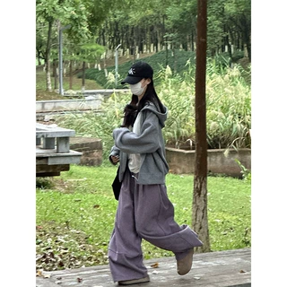 紫色灯芯绒阔腿裤女秋季2026新款韩系松弛感小个子高腰休闲弯刀裤