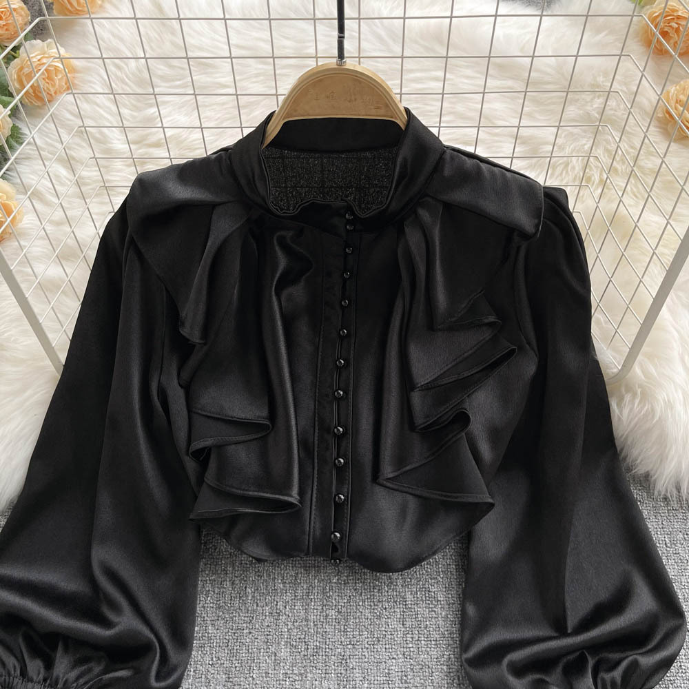 Chic GraceChic GraceChic GraceChic Foreign Trade French High-End Shirt For Women With Ruffled Stand Collar, Single-Breasted Sweet And Elegant Lantern_voghion.com
