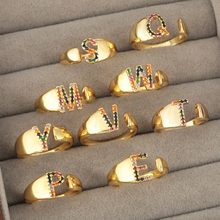 跨境镶锆石字母戒指26字母金色18k镀金简约开口手指环批发饰品