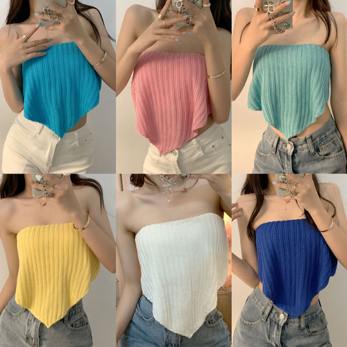 Korean version  summer pure lust style hot girl slim sexy tube top short lace-up vest design top for women